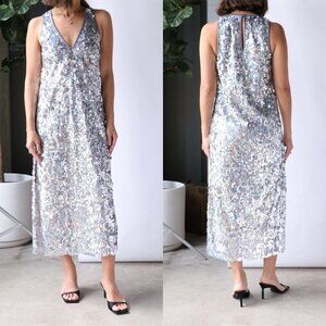 NWT Smythe Deep V Midi Dress in Silver Pailette